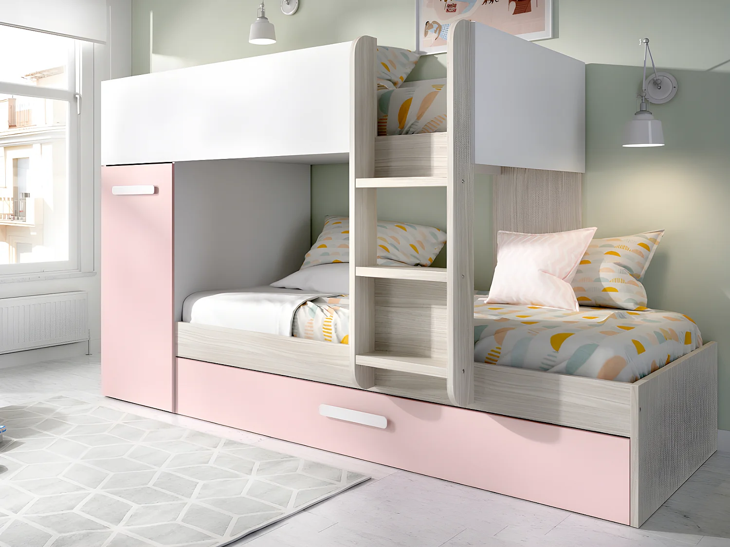 Ensemble lits superposés avec tiroir lit gigogne 3 x 90 x 190 cm - Blanc, naturel et rose + 3 matelas + 3 couettes + 3 oreillers - ANTHONY