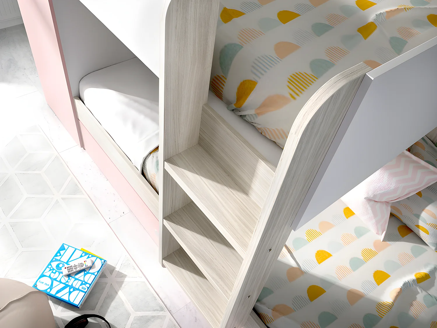 Ensemble lits superposés avec tiroir lit gigogne 3 x 90 x 190 cm - Blanc, naturel et rose + 3 matelas + 3 couettes + 3 oreillers - ANTHONY