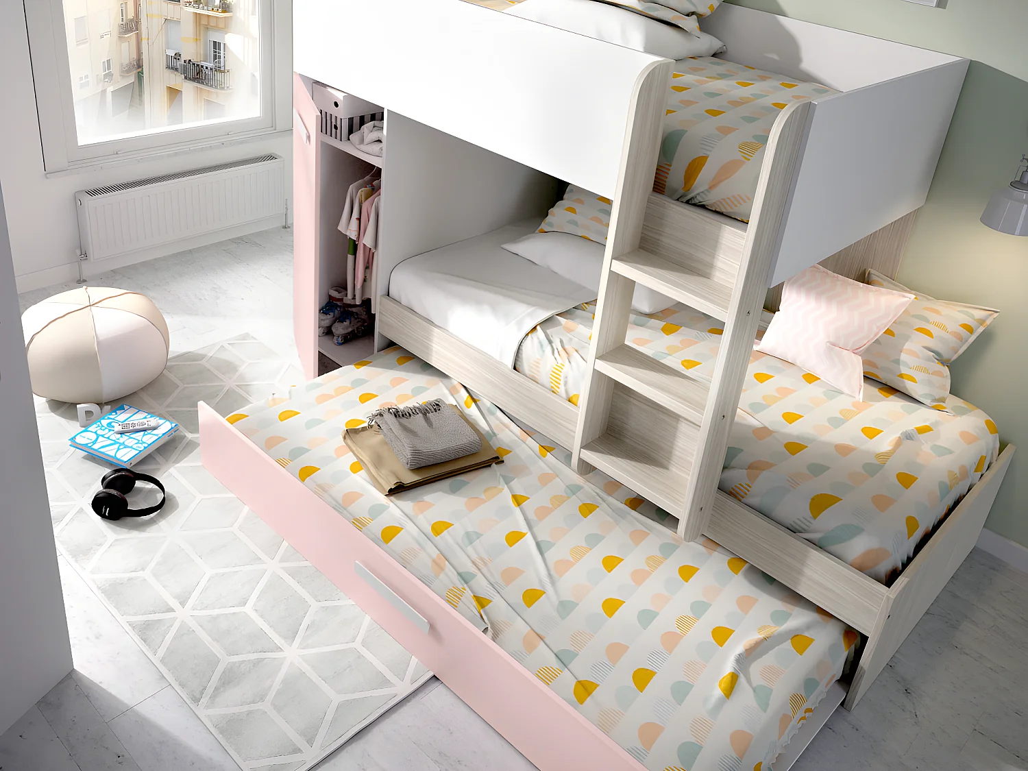 Ensemble lits superposés avec tiroir lit gigogne 3 x 90 x 190 cm - Blanc, naturel et rose + 3 matelas + 3 couettes + 3 oreillers - ANTHONY