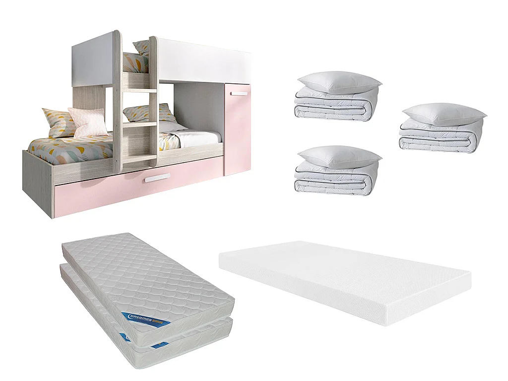 Ensemble lits superposés avec tiroir lit gigogne 3 x 90 x 190 cm - Blanc, naturel et rose + 3 matelas + 3 couettes + 3 oreillers - ANTHONY