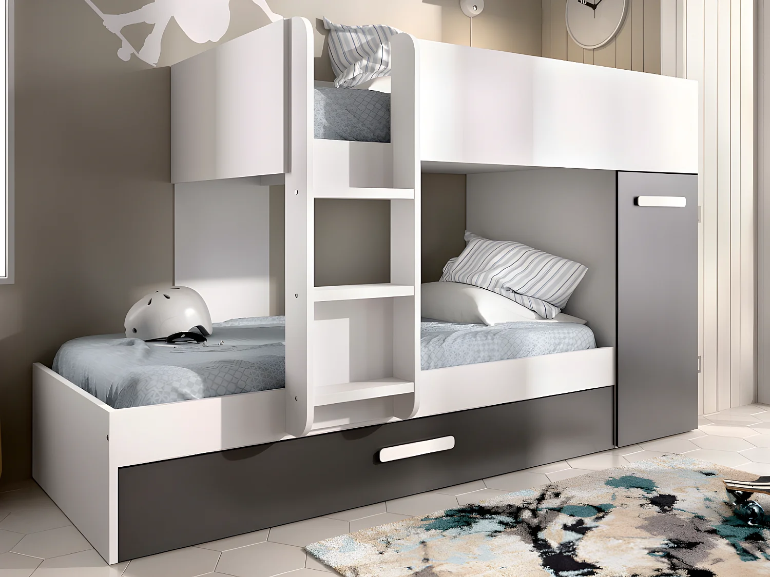 Zestaw: łóżko piętrowe z wsuwanym łóżkiem-szufladą - Kolor antracytowy i biały + 3 materace + 3 kołdry + 3 poduszki - ANTHONY