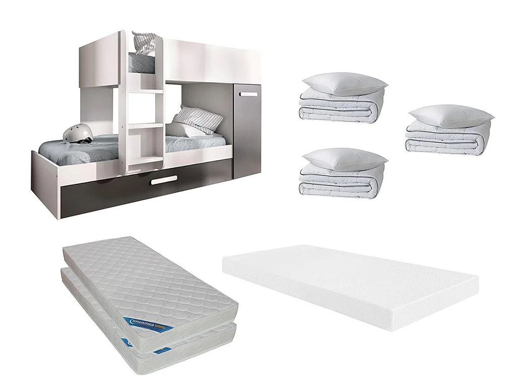 Zestaw: łóżko piętrowe z wsuwanym łóżkiem-szufladą - Kolor antracytowy i biały + 3 materace + 3 kołdry + 3 poduszki - ANTHONY