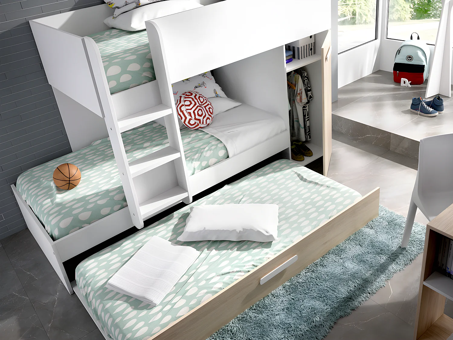 Set stapelbed met uitschuifbedlade 3 x 90 x 190 cm - Wit en naturel + 3 matrassen + 3 dekbedden + 3 kussens - ANTHONY