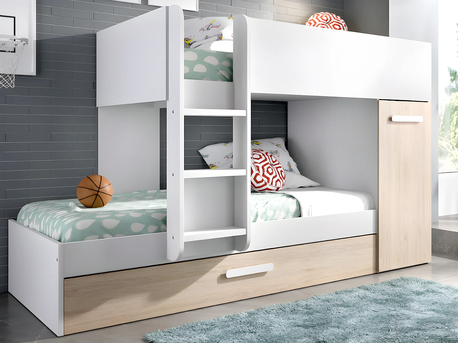 Set stapelbed met uitschuifbedlade 3 x 90 x 190 cm - Wit en naturel + 3 matrassen + 3 dekbedden + 3 kussens - ANTHONY