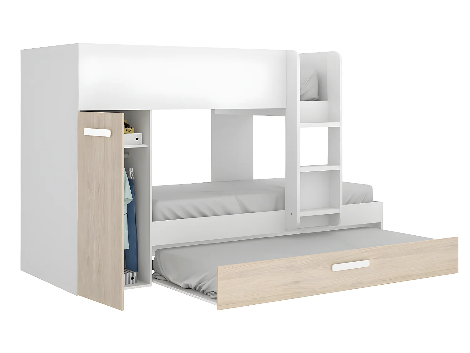 Set stapelbed met uitschuifbedlade 3 x 90 x 190 cm - Wit en naturel + 3 matrassen + 3 dekbedden + 3 kussens - ANTHONY