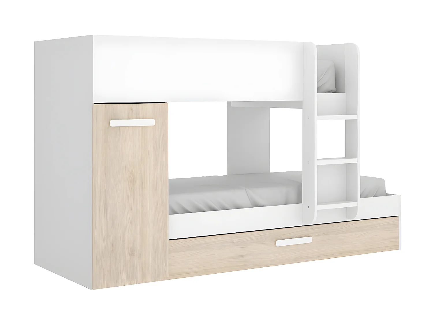 Set stapelbed met uitschuifbedlade 3 x 90 x 190 cm - Wit en naturel + 3 matrassen + 3 dekbedden + 3 kussens - ANTHONY