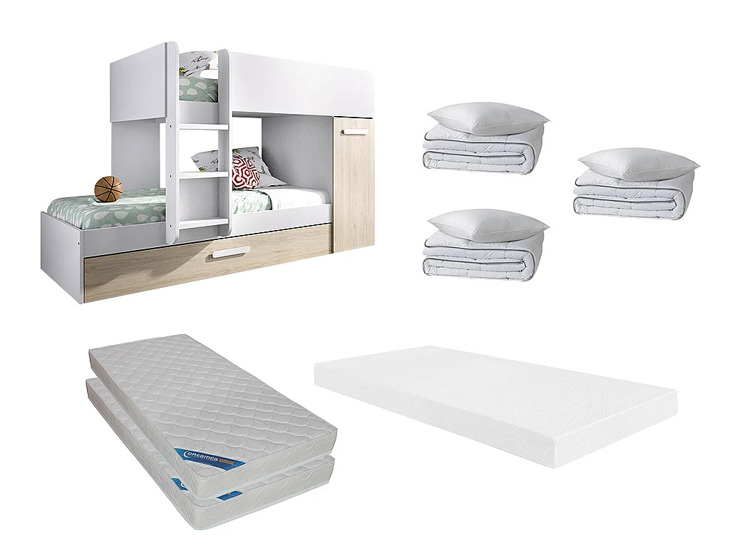 Set stapelbed met uitschuifbedlade 3 x 90 x 190 cm - Wit en naturel + 3 matrassen + 3 dekbedden + 3 kussens - ANTHONY