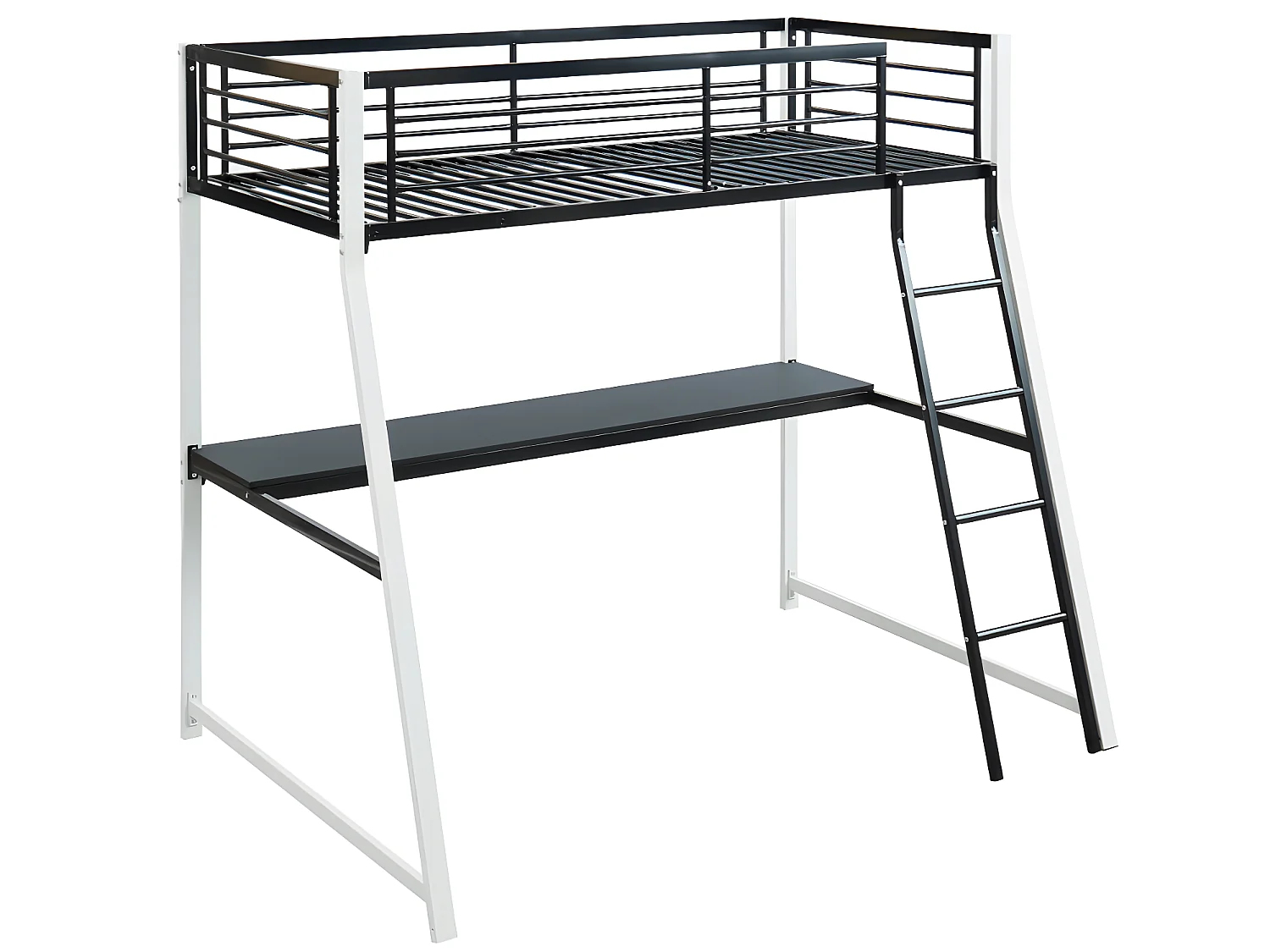 Lit mezzanine 90 x 190 cm avec bureau - Métal - Noir et blanc + matelas + couette + oreiller - MALICIA