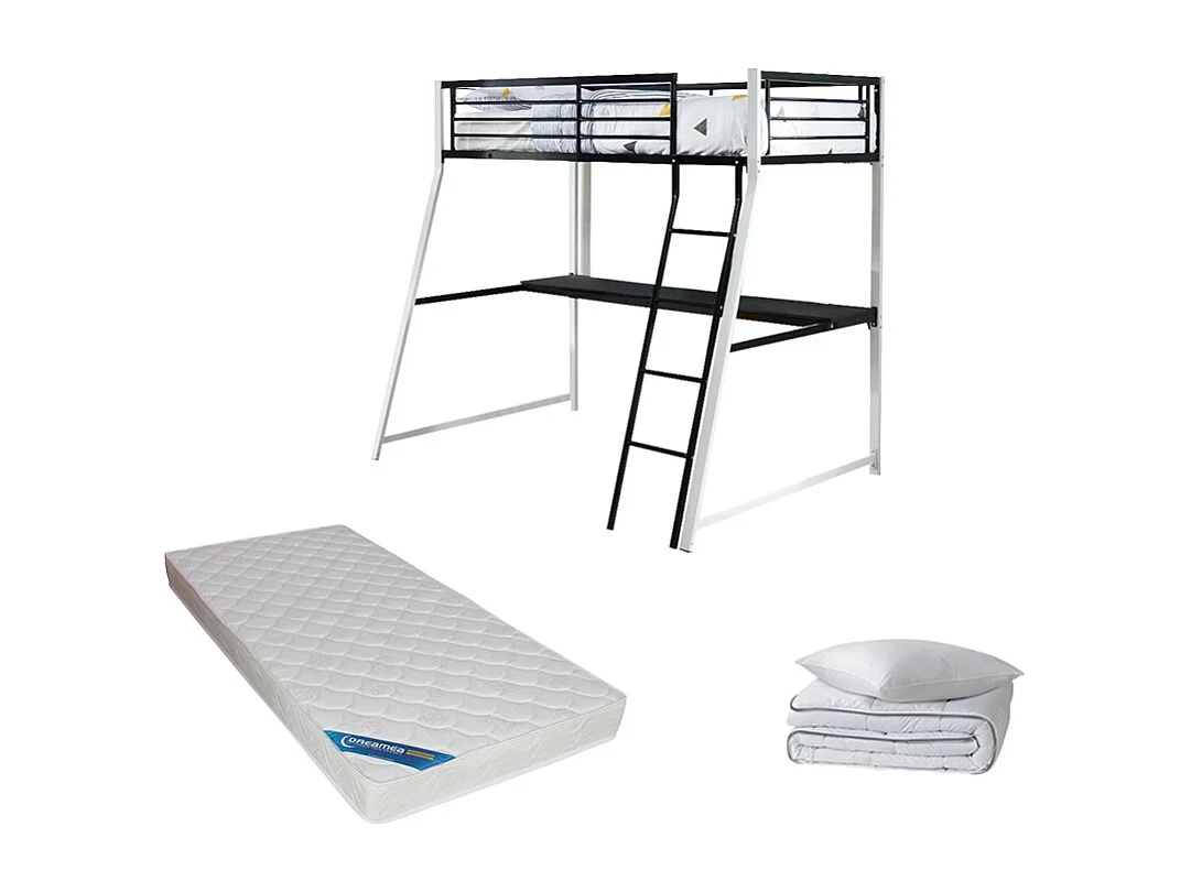 Lit mezzanine 90 x 190 cm avec bureau - Métal - Noir et blanc + matelas + couette + oreiller - MALICIA