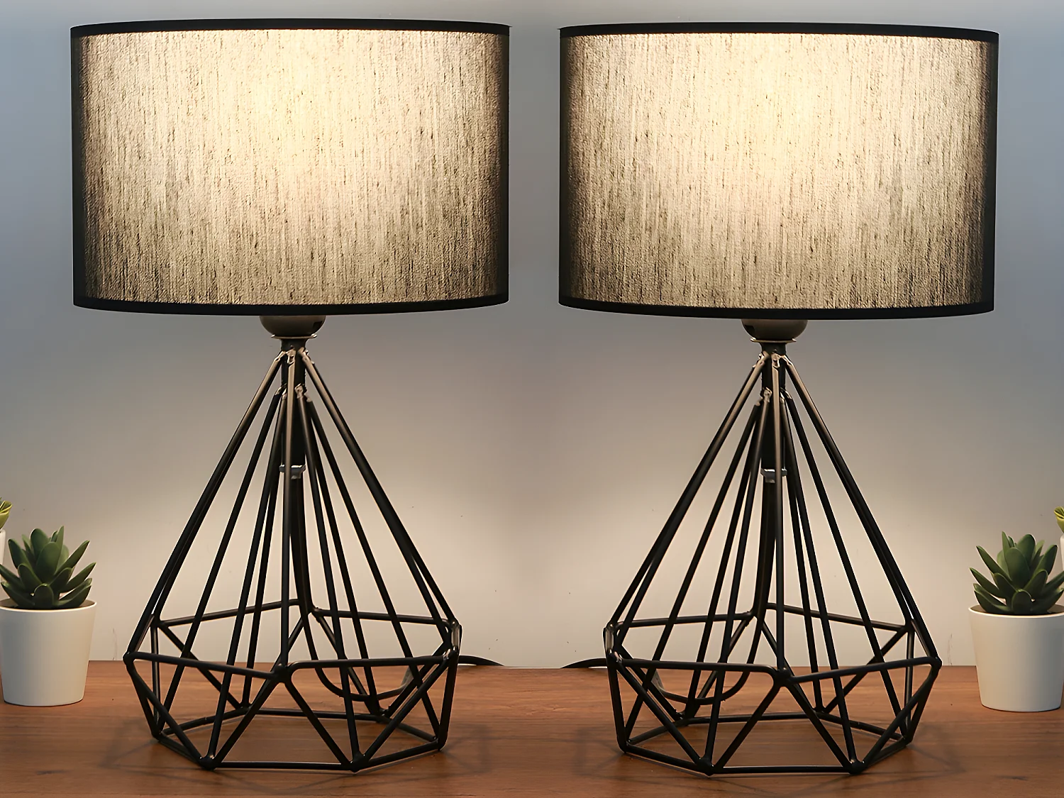 Lot de 2 lampes à poser en métal noir et abat jour en tissu - H. 41 cm - ANAIA