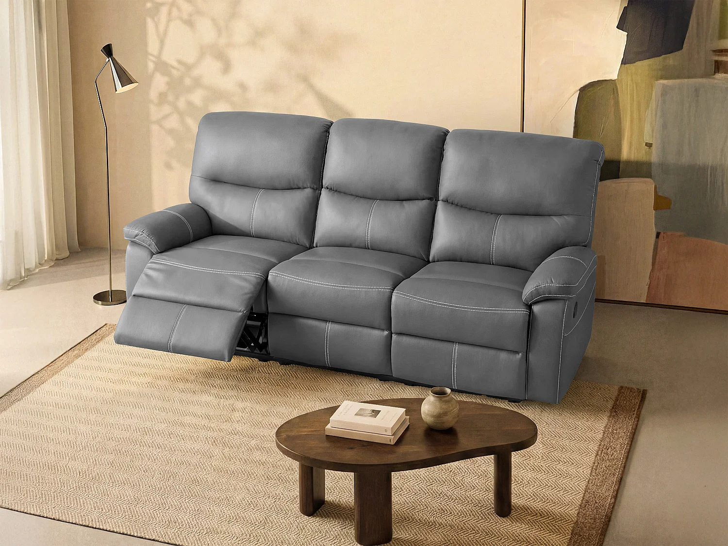 3-seters reclinersofa i grått kunstskinn CANBY