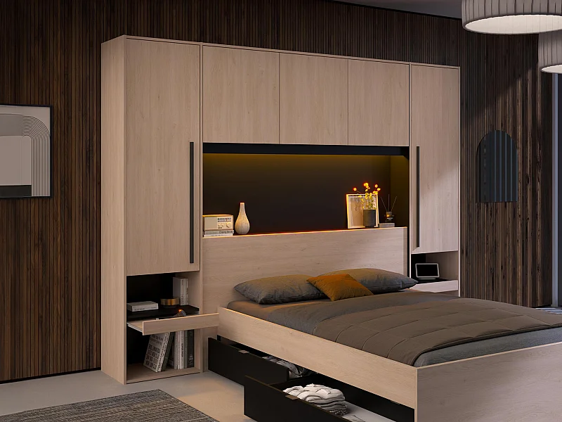 Cabeceira de cama com guarda-roupa e com LEDs de C265 cm cor natural e preto - VELONA