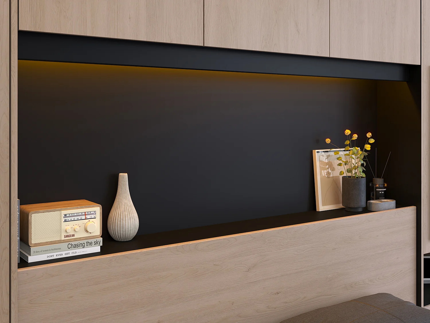 Bettüberbau mit Stauraum & LEDs - L. 265 cm - Naturfarben & Schwarz - VELONA