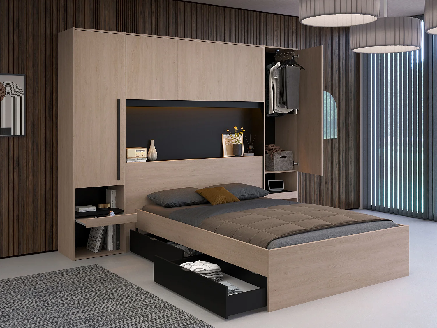 Bedkast met opbergruimte - Met ledverlichting - L265 cm - Kleur: naturel en zwart - VELONA