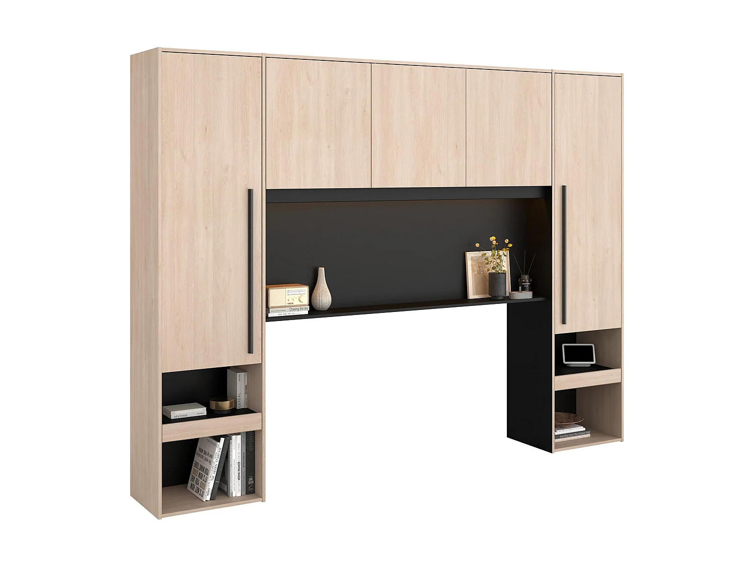 Sänggavel med förvaring i svart och natur 265 cm  VELONA