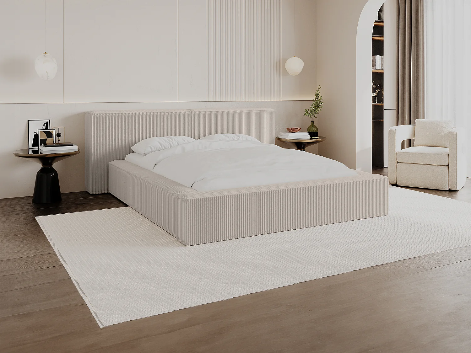 Letto con contenitore 160 x 200 cm Velluto a coste Beige TIMANO di Pascal Morabito