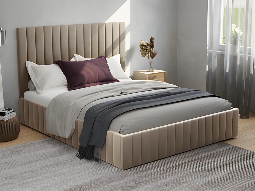 Lit coffre 180 x 200 cm avec tête de lit coutures verticales - Velours - Taupe - LARALI de Pascal Morabito