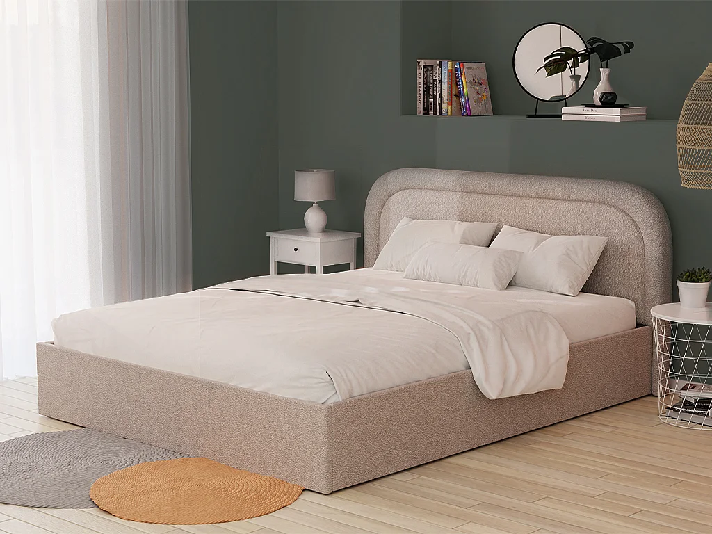 Lit coffre 140 x 190 cm - Tissu bouclette - Beige - FIREZA