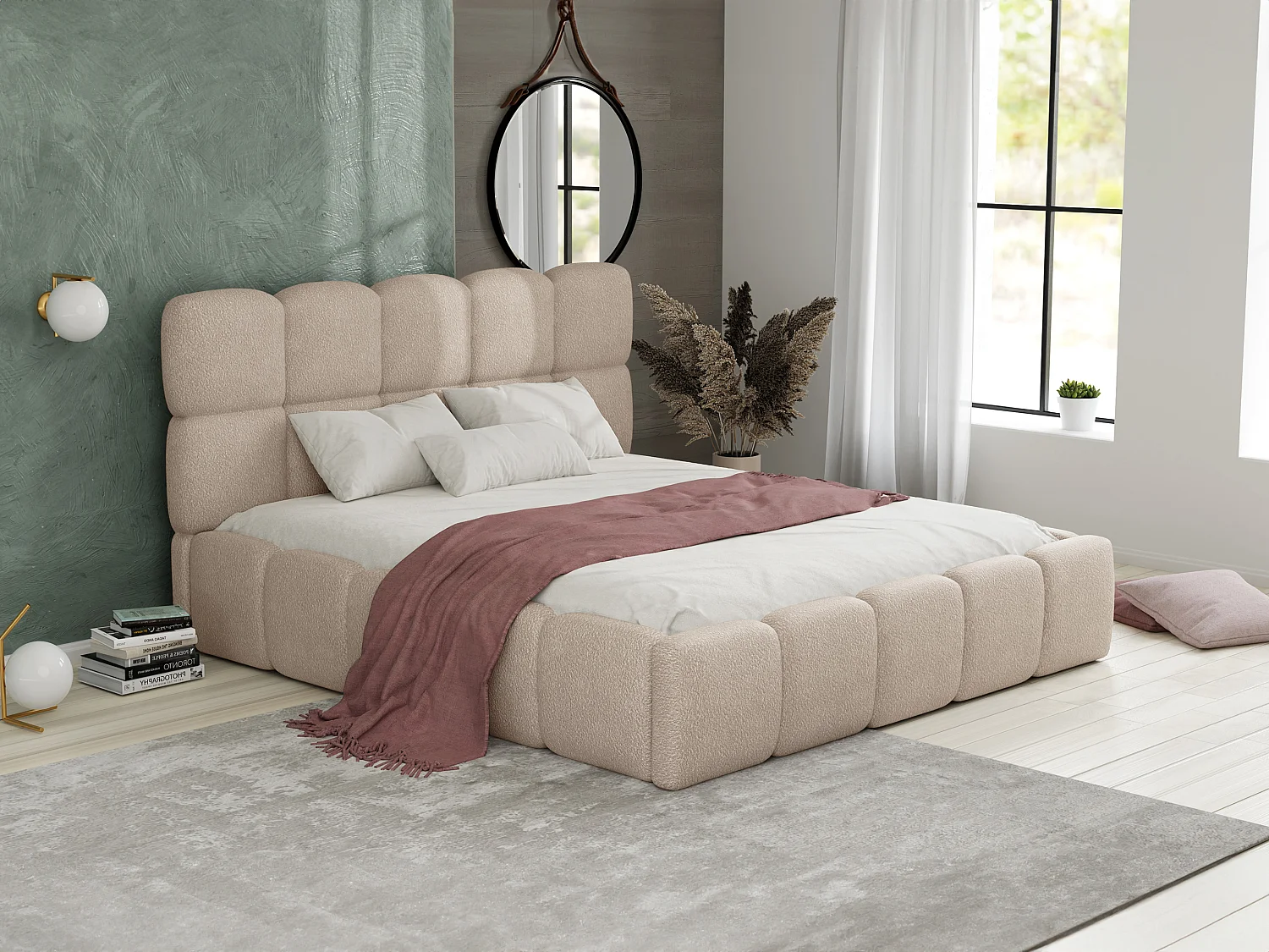 Sängram med förvaringslåda 140 x 190 cm - Bouclé-tyg - Beige - DAMADO