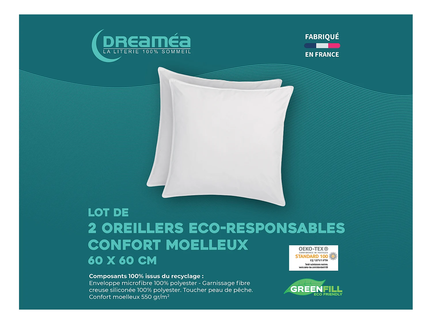 Lot de 2 oreillers recyclés 60 x 60 cm de DREAMEA - Enveloppe 100% microfibre - ROSA
