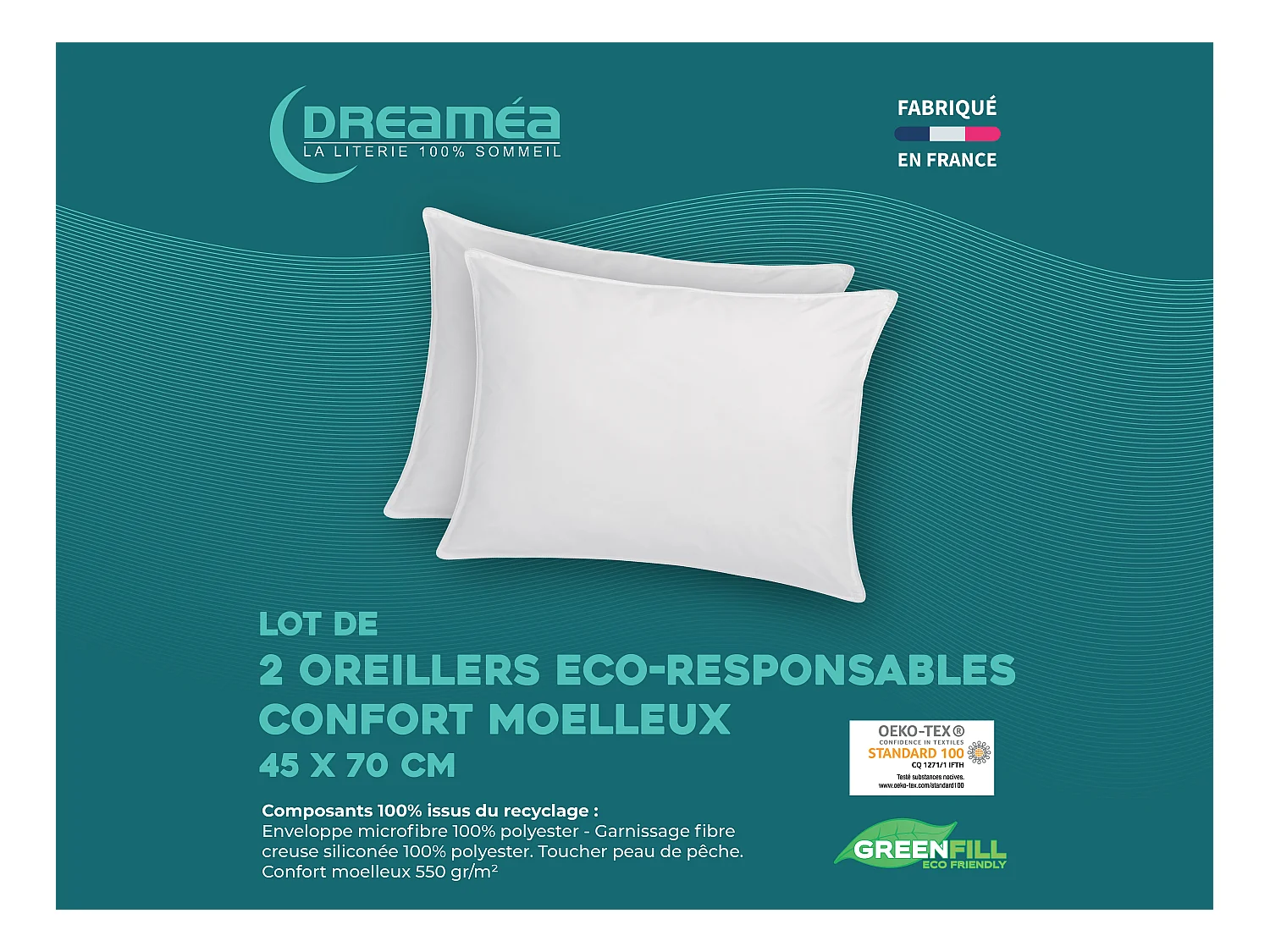Lot de 2 oreillers recyclés 45 x 70 cm de DREAMEA - Enveloppe 100% microfibre - ROSA