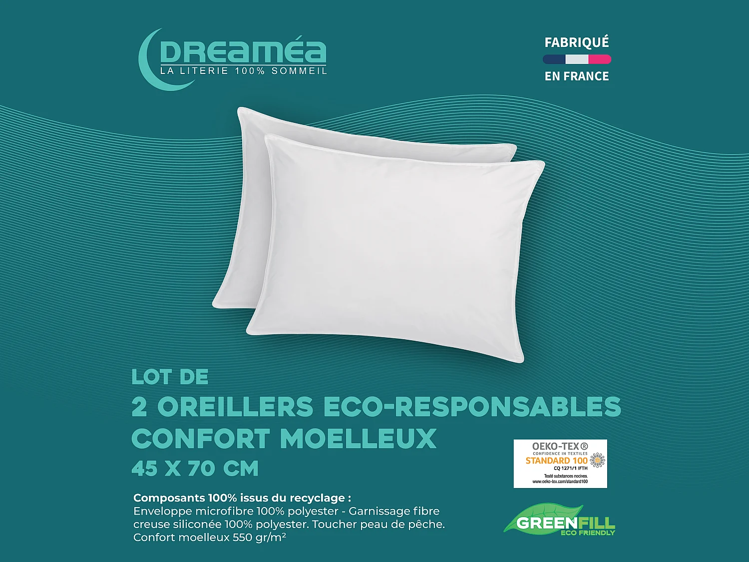 Set van 2 gerecyclede hoofdkussens 45 x 70 cm van DREAMEA - 100% microvezel hoes - ROSA