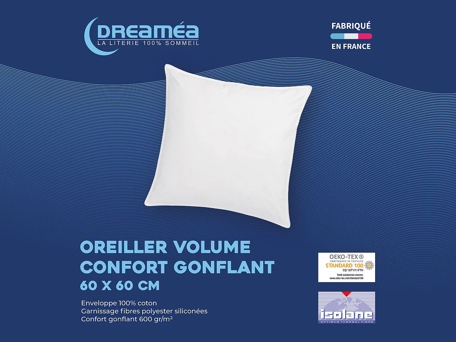 Oreiller 60 x 60 cm de DREAMEA - 600 gr - MARIN