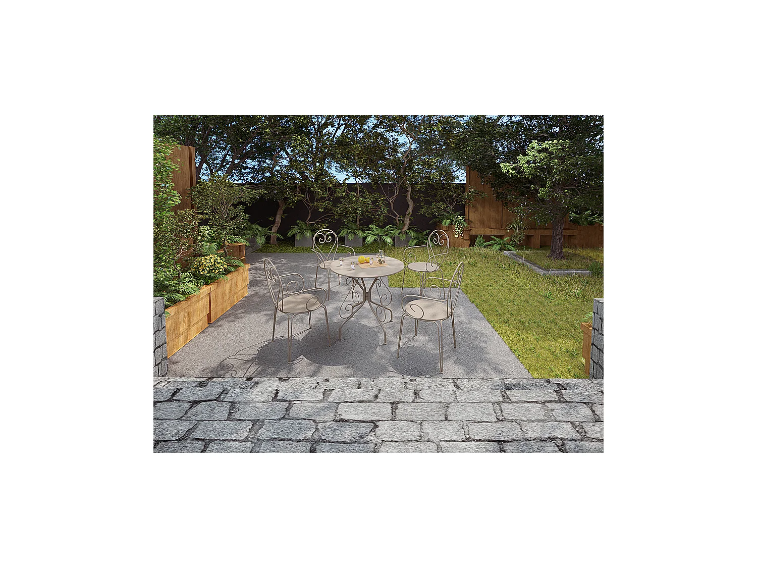 Conjunto de 4 cadeirões de jardim empilháveis em metal estilo ferro forjado bege - GUERMANTES