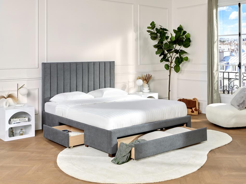 Bett mit 3 Schubladen - 160 x 200 cm - Stoff - Grau - LIAKO günstig online kaufen