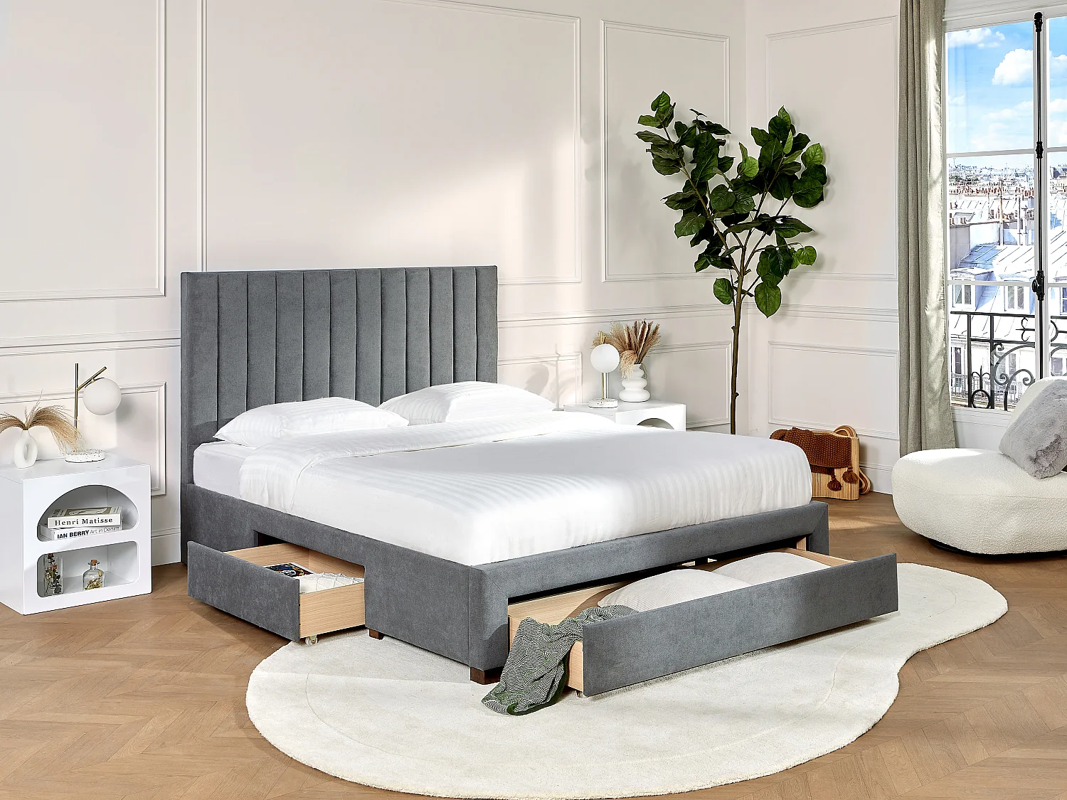 Lit avec 3 tiroirs 160 x 200 cm - Tissu - Gris - LIAKO