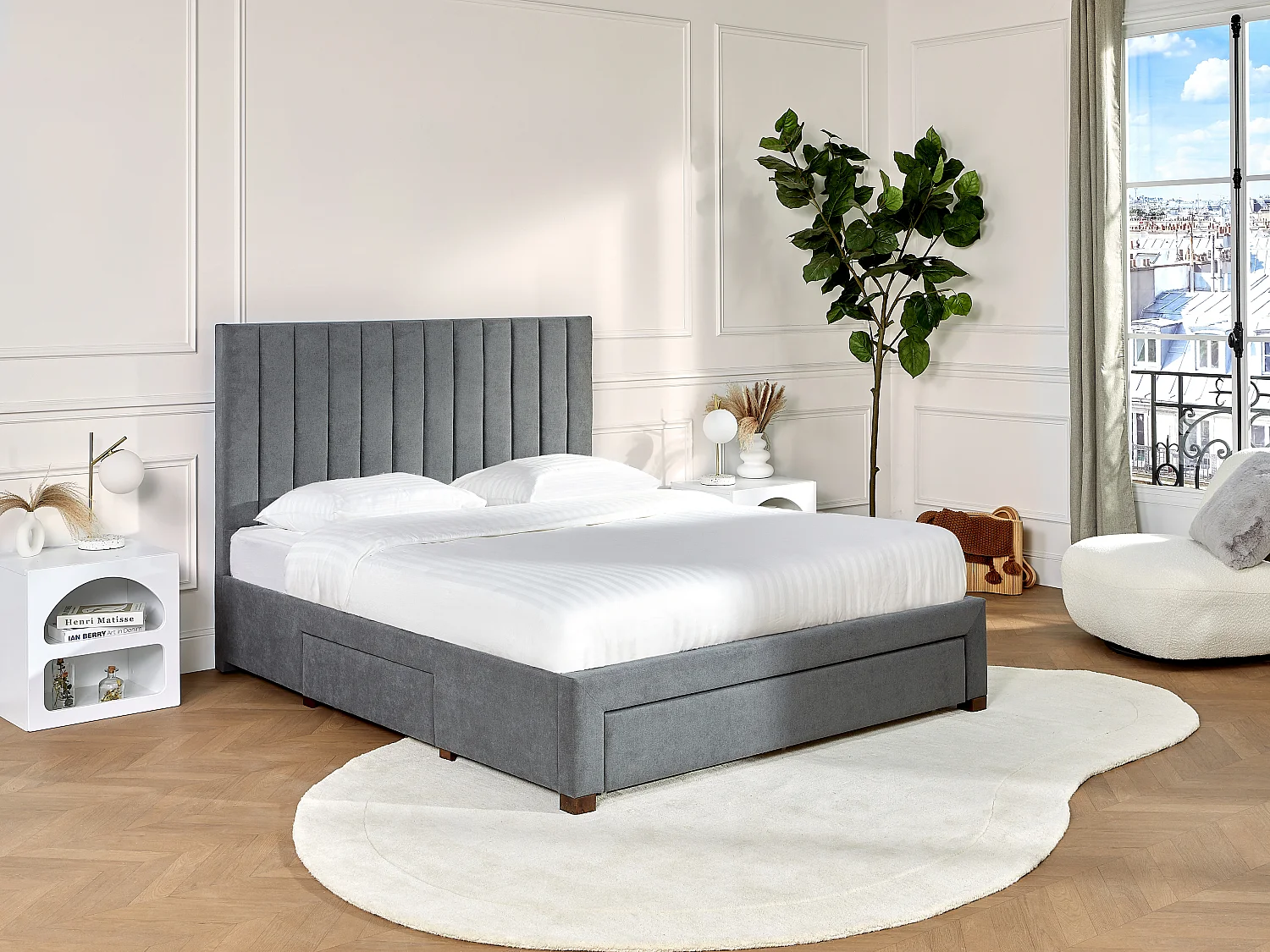 Cama con 3 cajones 160 x 200 cm - Tela - Gris - LIAKO