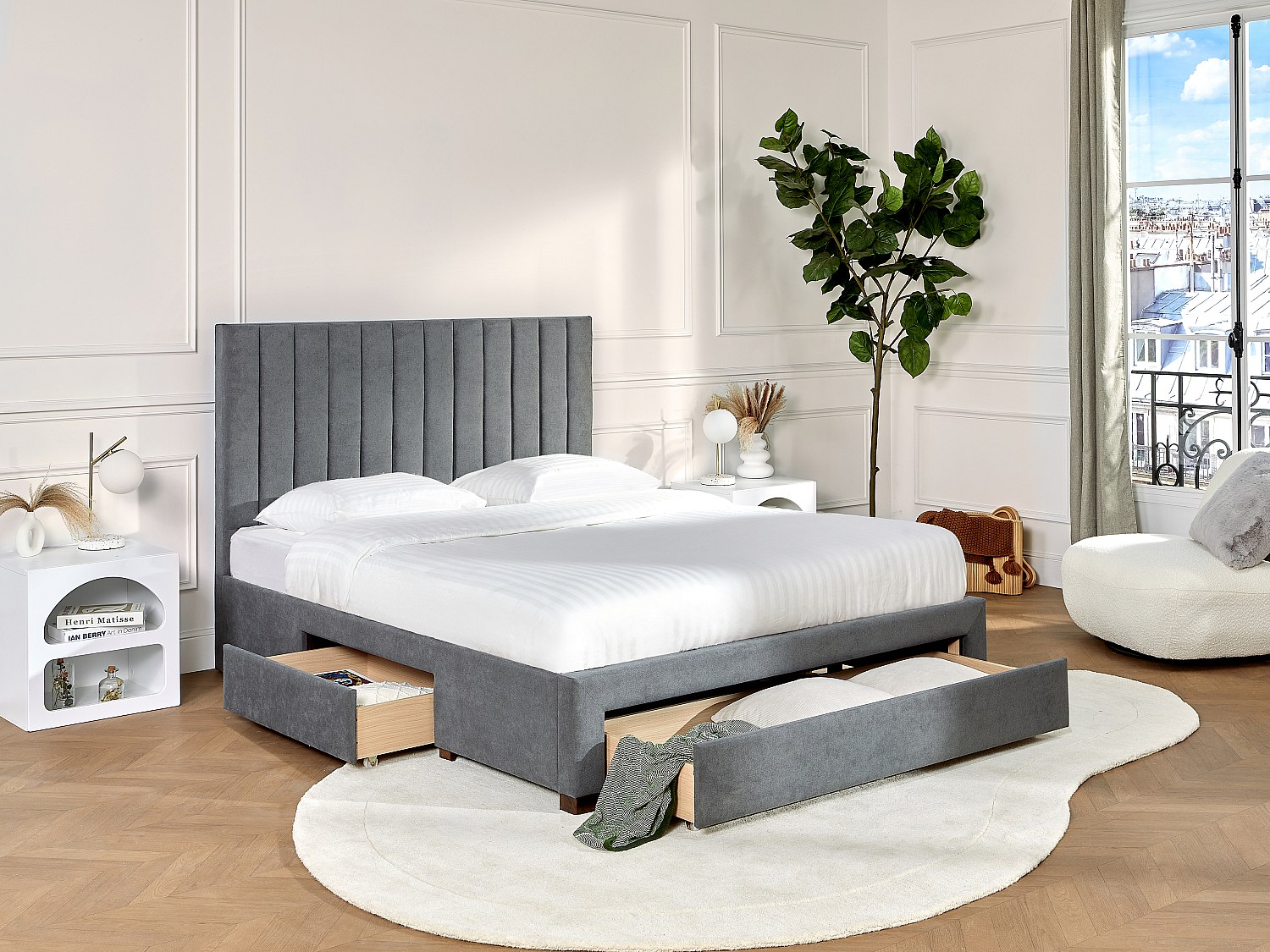 Bett mit 3 Schubladen - 160 x 200 cm - Stoff - Grau - LIAKO günstig online kaufen