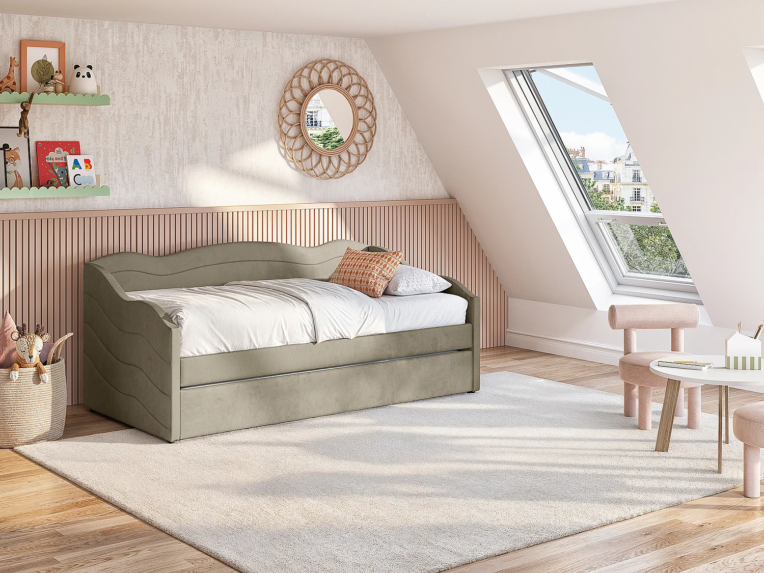 Lit banquette gigogne 2 x 90 x 190 cm - Velours - Taupe - LENVIA