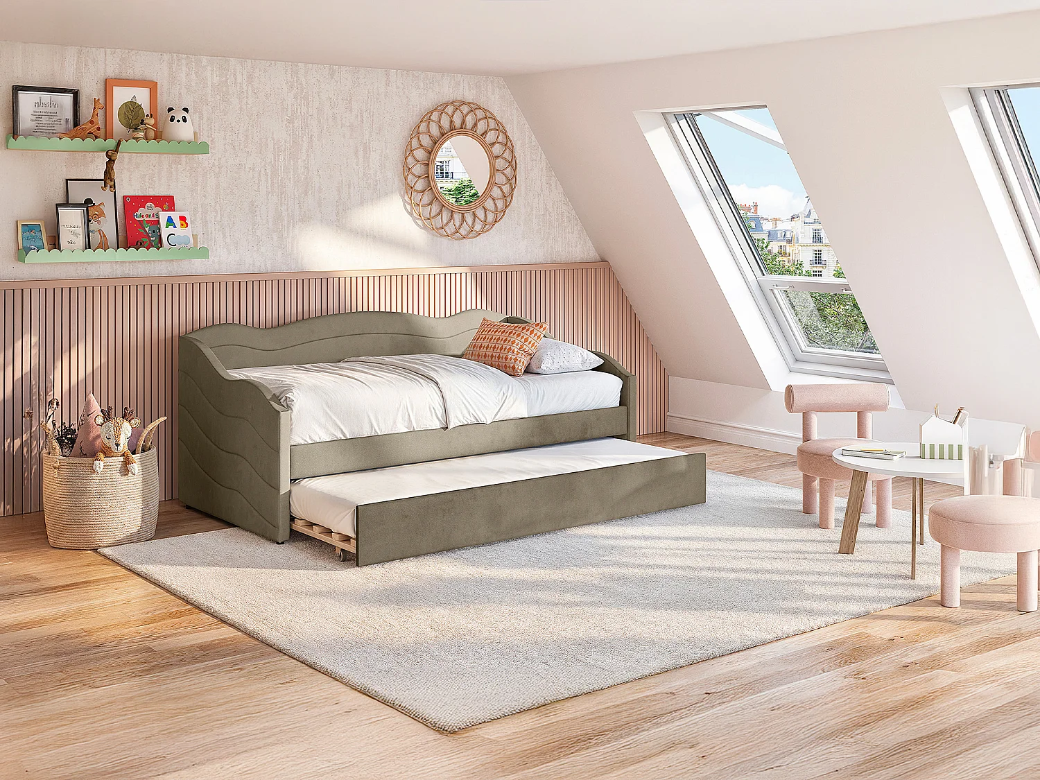 Uitschuifbare slaapbank 2 x 90 x 190 cm - Velours - Beige - LENVIA