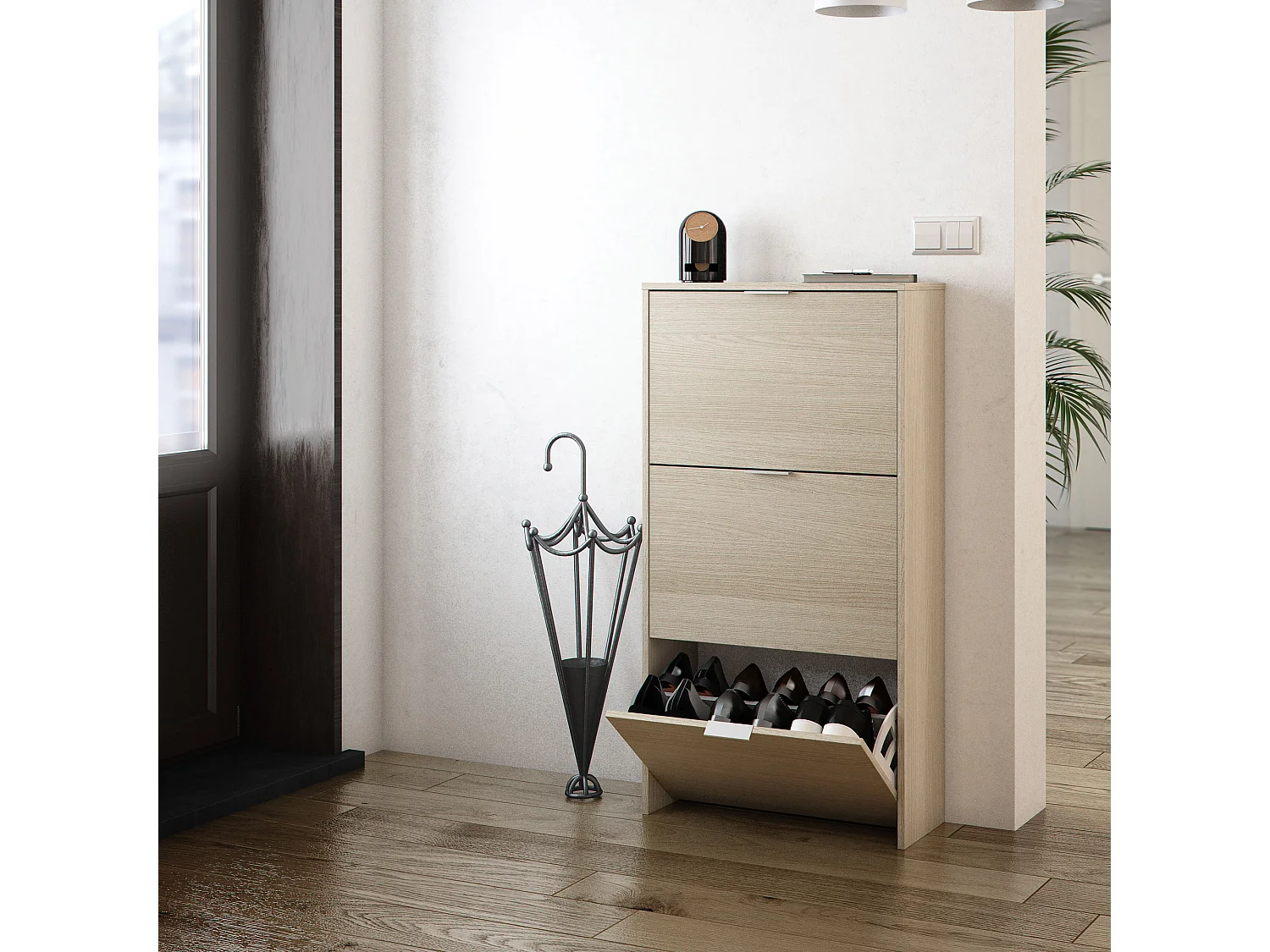 Meuble à Chaussures 3 Portes Rubi, Couleur Chêne, 60 cm Largeur