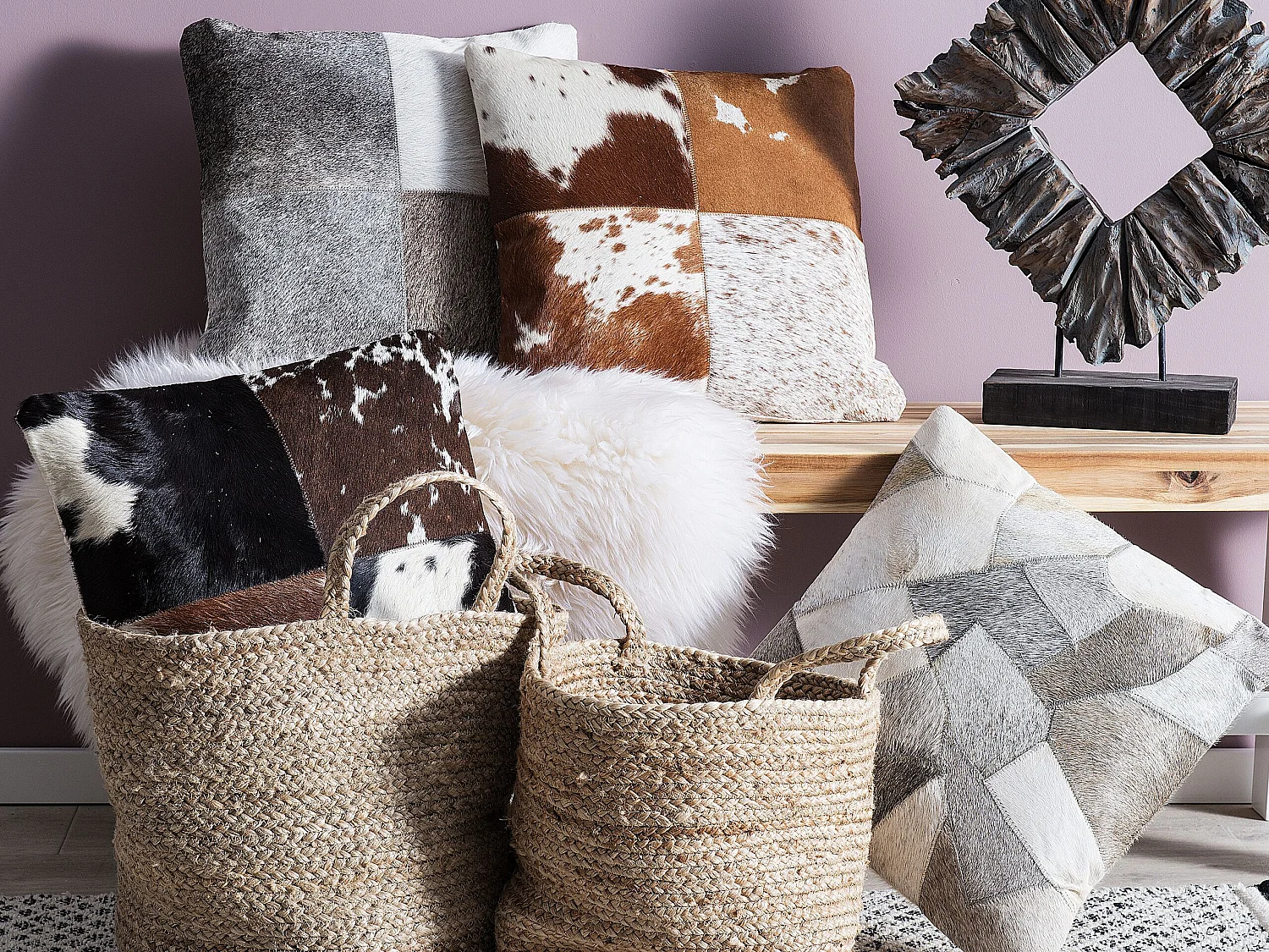 Coussin NELLAD Cuir 45 x 45 cm Gris Patchwork