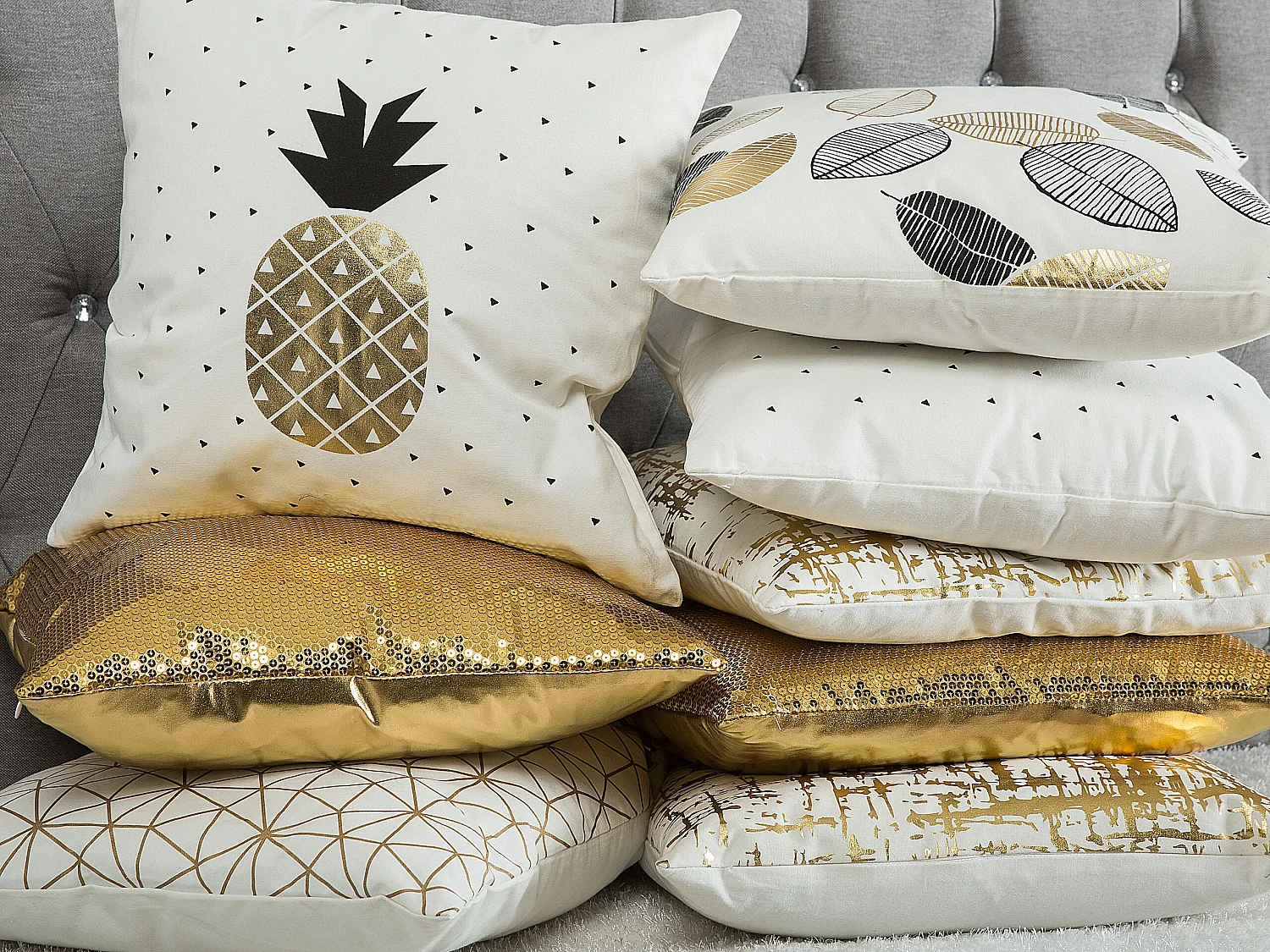 Lot de 2 coussins décoratifs LOTUS Coton 45 x 45 cm Blanc Doré Noir Motif de plante