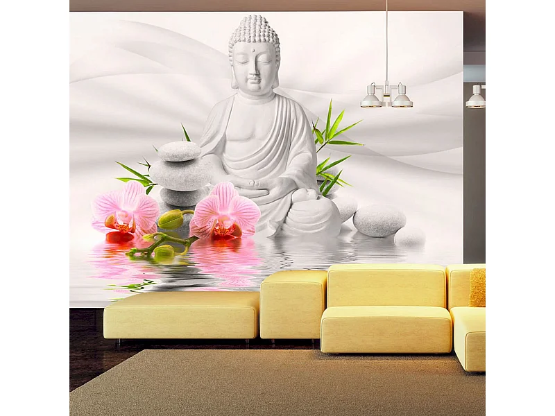 Papier peint adhésif Bouddha et deux orchidées - 147 x 105 cm