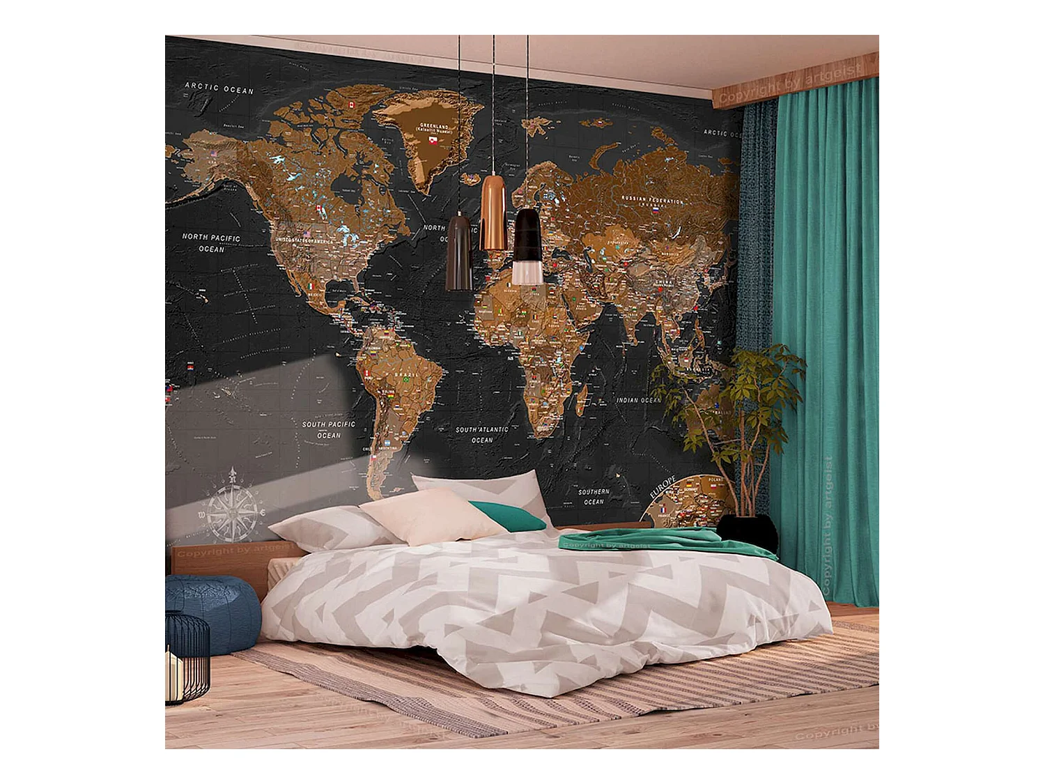 Papier peint adhésif Carte du monde stylisée en brun et noir - 294 x 210 cm