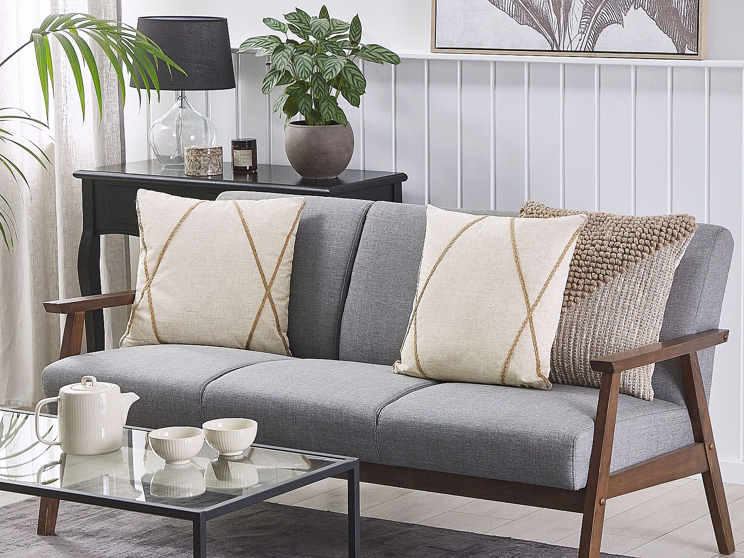 Dekokissen beige geometrisches Muster aus Juteseil 45 x 45 cm 2er Set Licuala