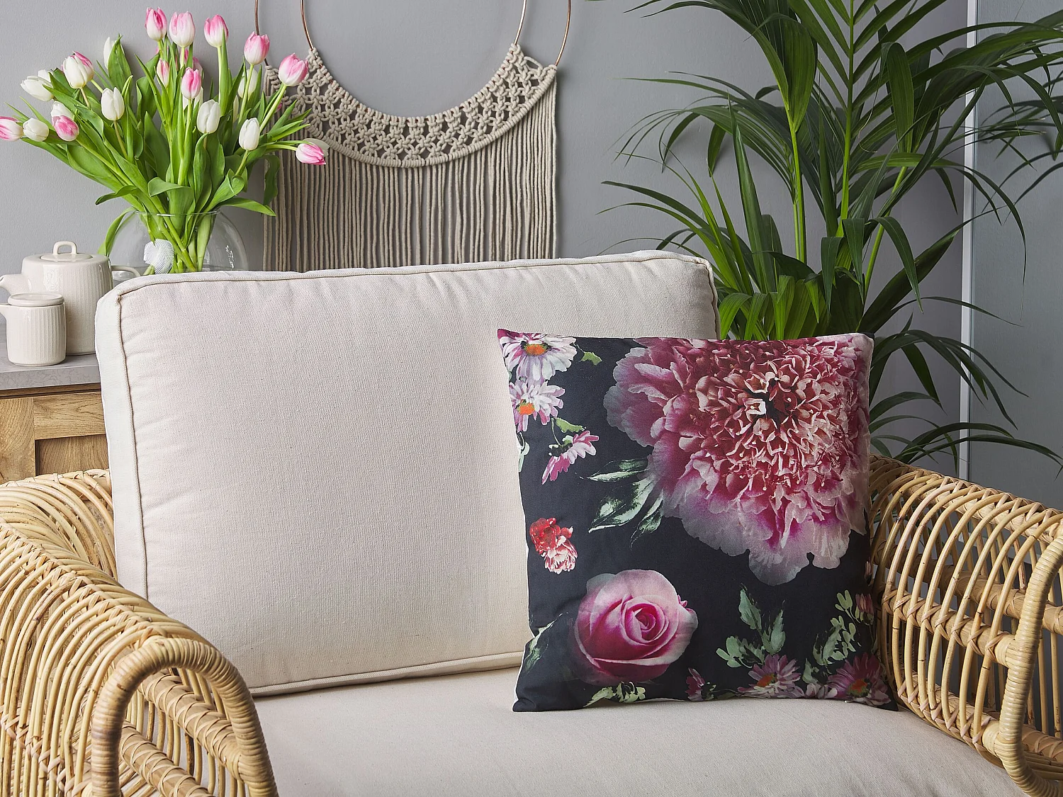 Lot de 2 coussins décoratifs HEDERA 45 x 45 cm Noir Motif floral