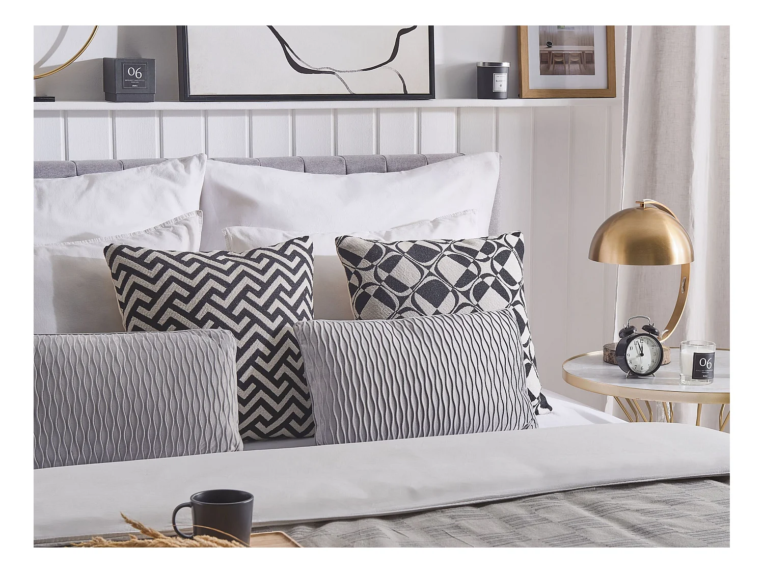 Dekokissen 2er Set Zickzack-Muster 30 x 50 m Polsterbezug grau Motari