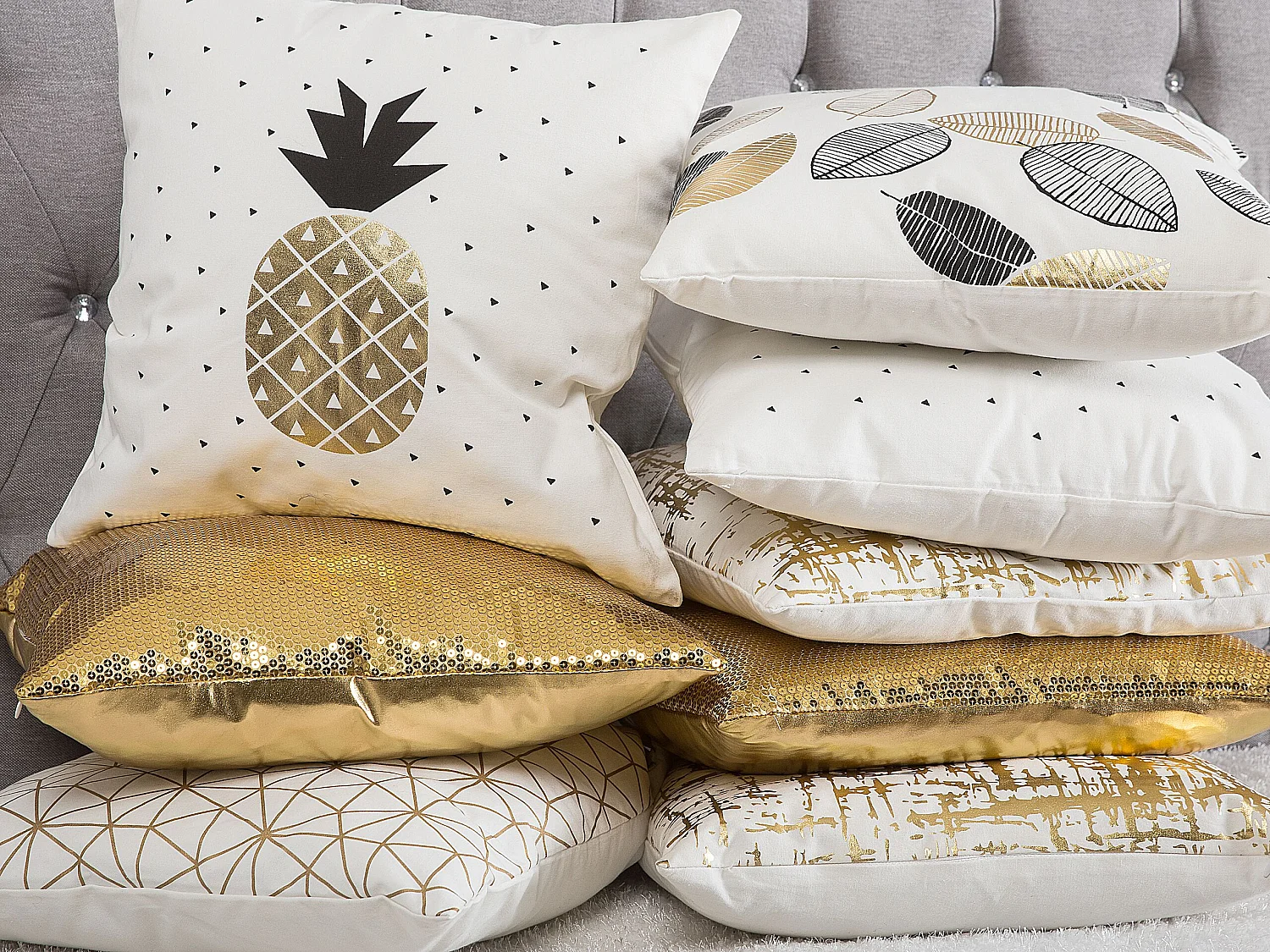 Set di 2 cuscini YASMIN Cotone 45 x 45 cm Bianco Oro Nero Trama di piante