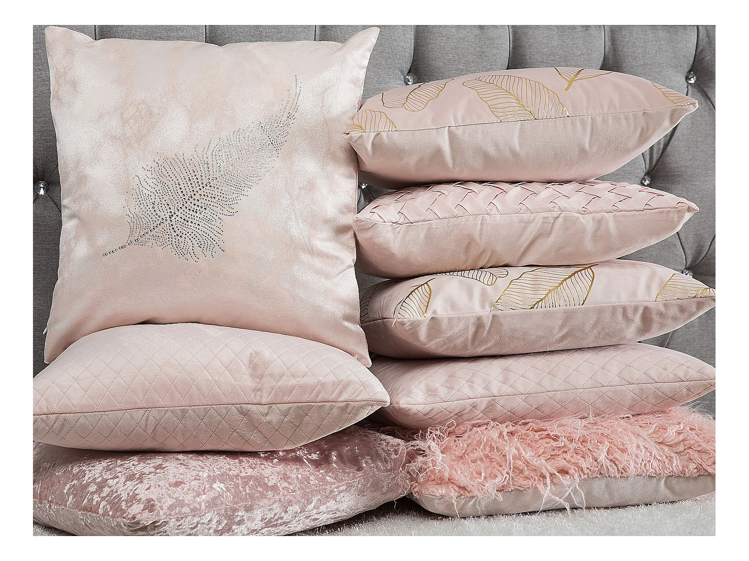 Dekokissen Blättermotiv Samtstoff rosa 45 x 45 cm im 2er Set Freesia