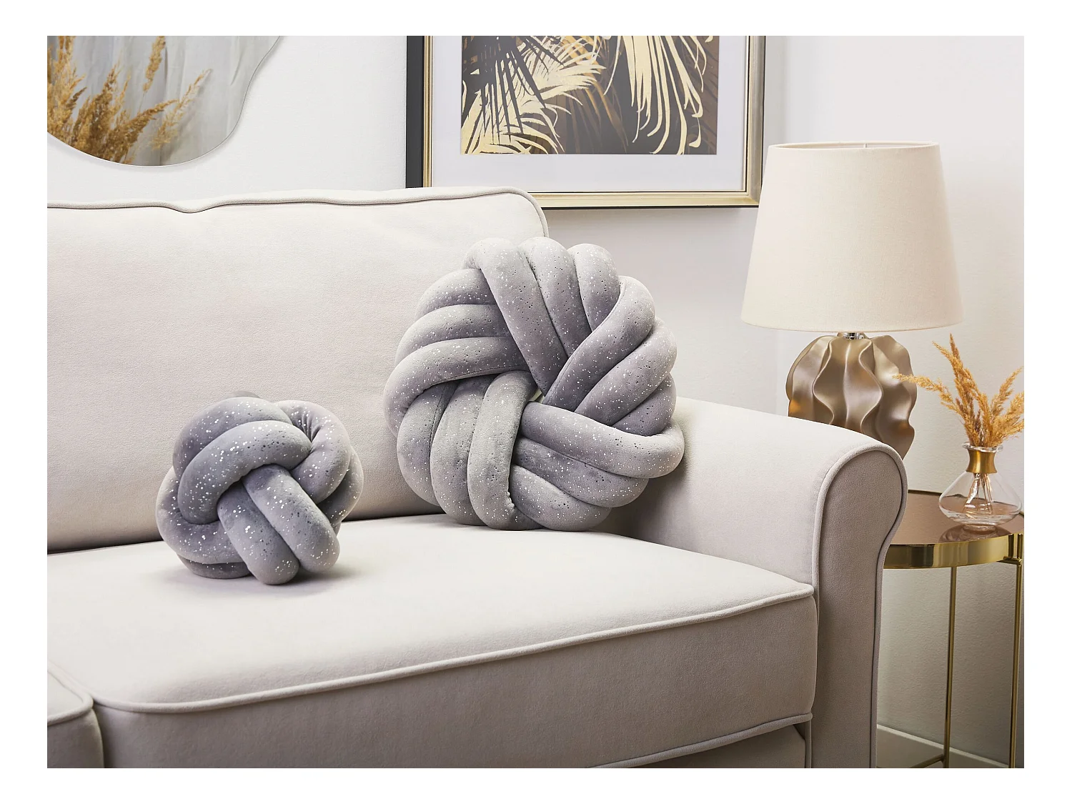 Dekokissen Knotenoptik 30x30 cm Geflecht Samtstoff Glitzer Ovalform grau Akola