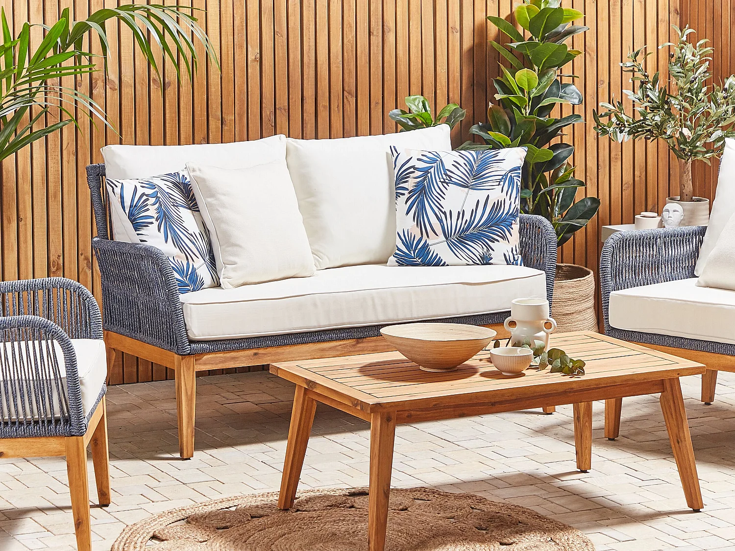 Lot de 2 coussins d'extérieur ELATI Motif de plante 45 x 45 cm Bleu marine