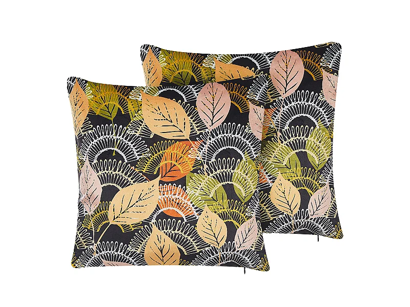 Dekokissen 2er Set Blättermotiv bunt /schwarz 45x45 cm Samtstoffbezug Lagurus