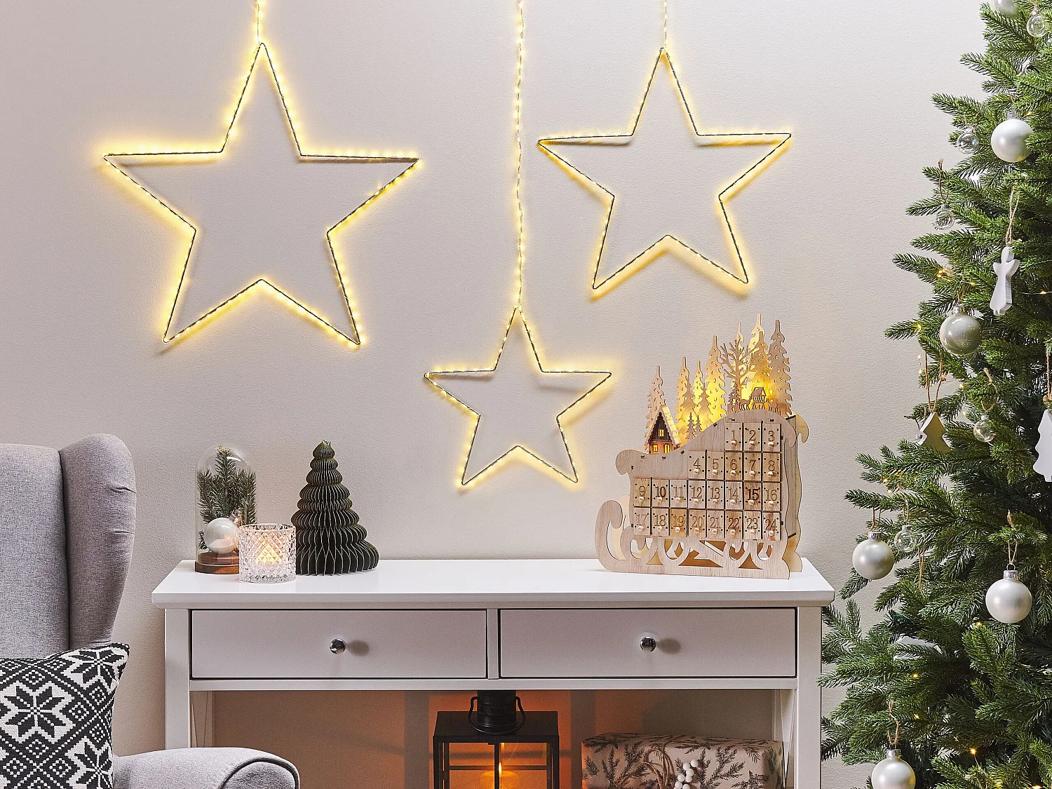 Weihnachtsdeko aus Metall mit LED-Beleuchtung Sternform silber 3er Set Kunnari