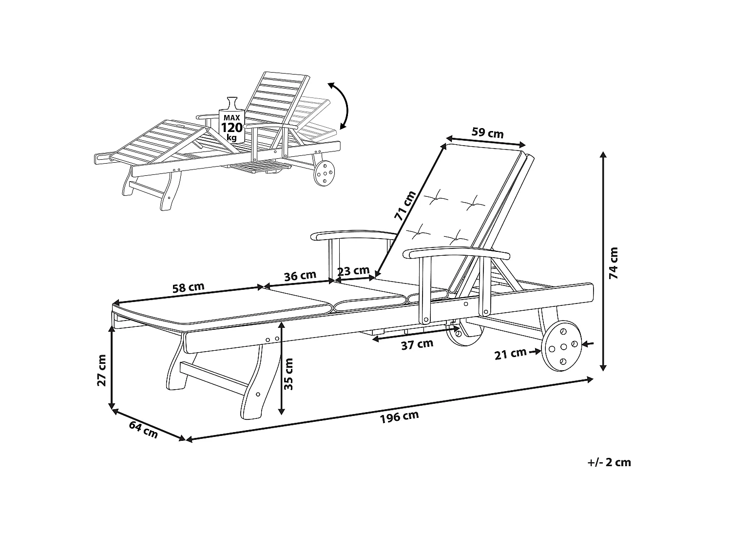 Chaise longue en bois naturel et coussin gris JAVA