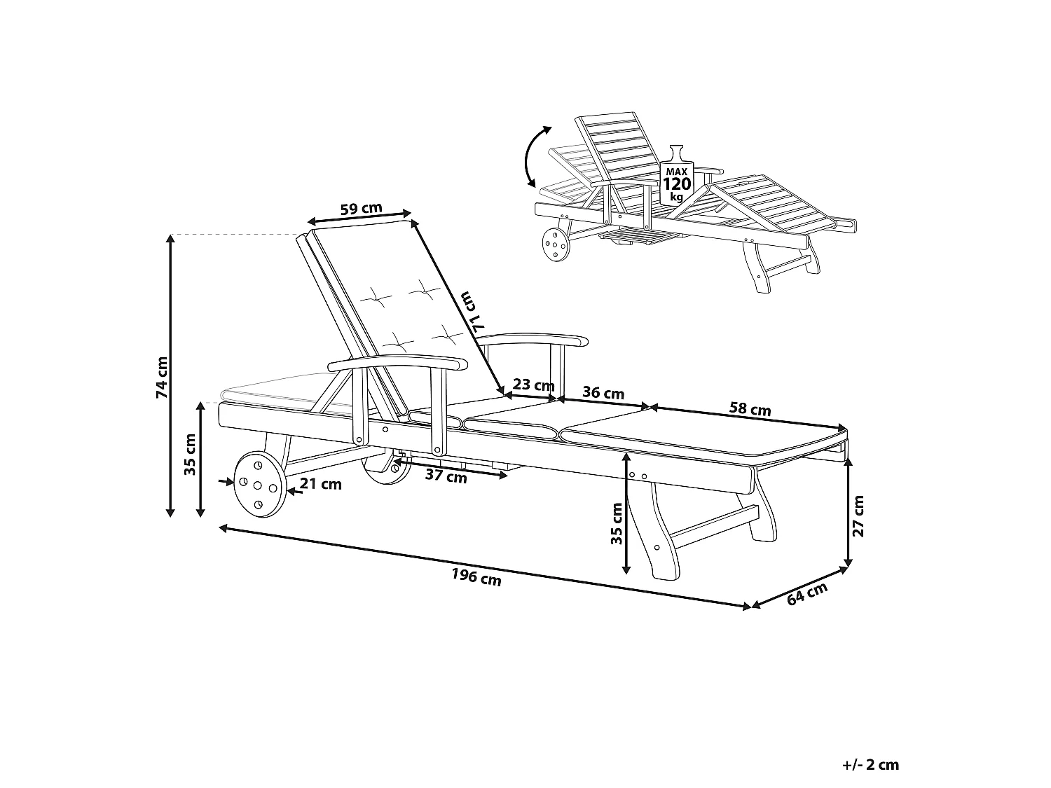 Chaise longue en bois naturel avec coussin gris-beige JAVA
